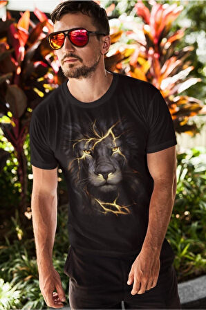 Erkek Siyah Aslan Baskılı T-shirt