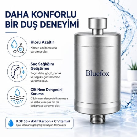 Bluefox Platinum Duş Filtresi, KDF 55 + Aktif Karbon + C Vitamini, Klor ve Ağır Metallerin Azaltılmasına Yardımcı, Saç ve Cilt Dostu, Evrensel 1/2" Uyumlu, Aletsiz Montaj
