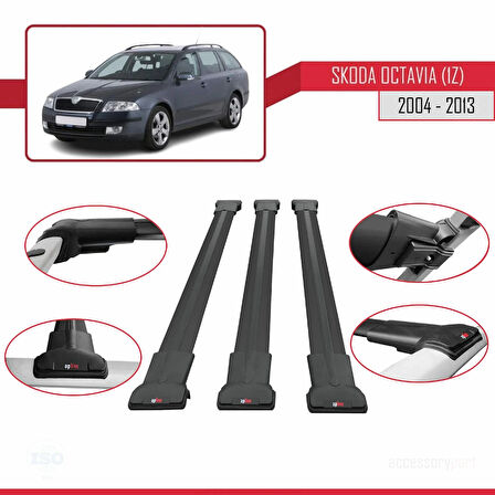 Skoda Octavia 2 (1Z) 2004-2013 Arası ile Uyumlu FLY Model Ara Atkı Tavan Barı Siyah 3 Adet