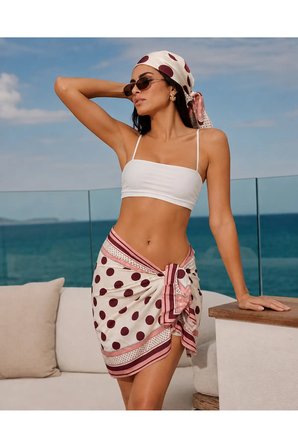 Tarzını Seç Premium Bordo Puantiye Desenli 2’li Kısa Pareo ve Bandana Seti 150x50 cm / 70x70 cm