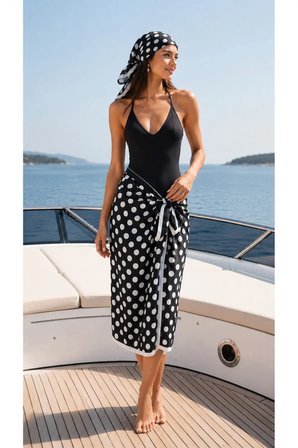 Tarzını Seç Premium Siyah Beyaz Puantiye Desenli 2’li Pareo ve Bandana Seti 150x95 cm / 70x70 cm