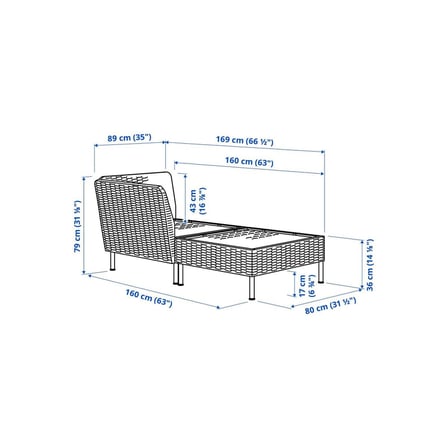 Bahçe Uzanma Koltuğu, Koyu Gri, 89 cm, Mindersiz, 1+1 Kişilik