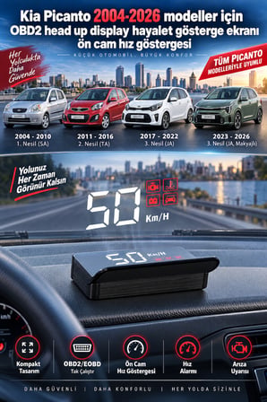 Kia Picanto 2004-2026 modeller için OBD2 head up display hayalet gösterge ekranı ön cam hız göstergesi
