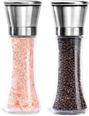 Cam Gövdeli Metal Krom Renk Kapaklı Tuz Karabiber Değirmeni Tuz Karabiber Öğütücü 19 Cm 2 Adet