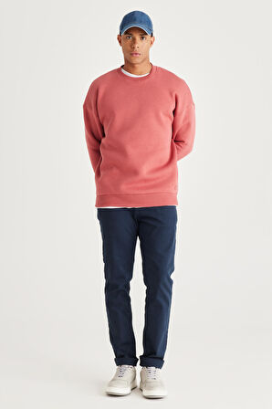 Erkek Mercan Oversize Bol Kesim Içi Polarlı 3 Iplik Bisiklet Yaka Pamuklu Sweatshirt