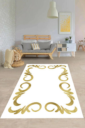 Beyaz-Gold Pvc Deri Kaymaz Taban Modern Salon Saçaksız Halı B-1065