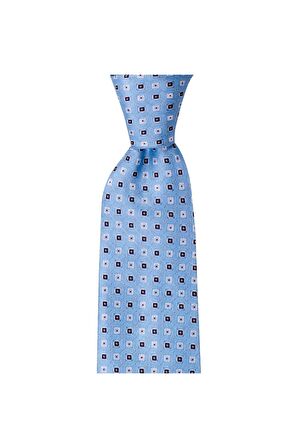Açık mavi desenli 8 cm genişliğinde mendilli kravat