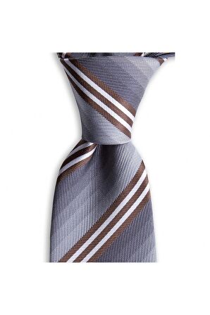 Gri çizgili 7,5 cm genişliğinde ipek kravat