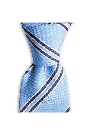 Açık mavi çizgili 7,5 cm genişliğinde ipek kravat