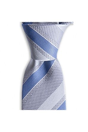 Açık gri çizgili 7,5 cm genişliğinde ipek kravat