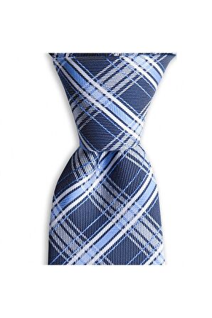 Koyu mavi ekose desenli 7 cm genişliğinde ipek kravat