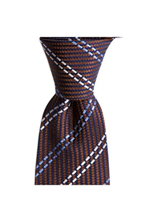 Kahverengi çizgili 7,5 cm genişliğinde ipek kravat