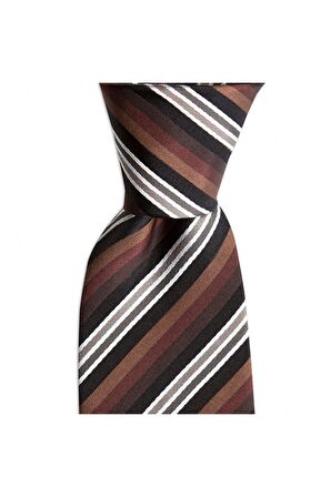 Kahverengi çizgili 7,5 cm genişliğinde ipek kravat