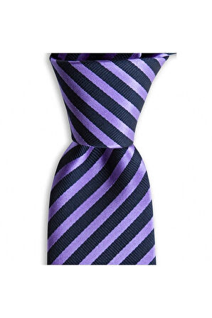 Lila Lacivert Çizgili 7,5 Cm Genişliğinde Ipek Kravat