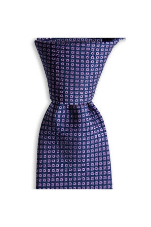 Lacivert Lila Desenli 7,5 cm Genişliğinde İpek Kravat