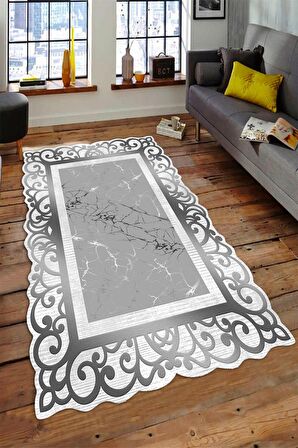 Gri Pvc Deri Kaymaz Taban Lazer Kesim Salon-Hol Saçaksız Halı L8003-2