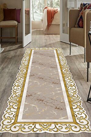 Gold Pvc Deri Kaymaz Taban Lazer Kesim Salon-Hol Saçaksız Halı L8003