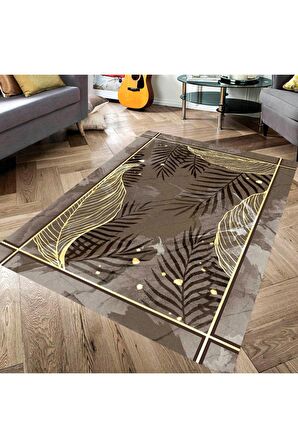 Kahve Pvc Deri Kaymaz Taban Tasarım Salon Saçaksız Halı 170-01