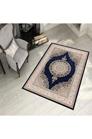 Vizon-Lacivert Pvc Deri Kaymaz Taban Göbekli Salon Saçaksız Halı 328-00
