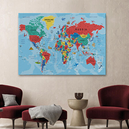 Harita Sepeti Dünya Haritası Kanvas Tablo Son Derece Detaylı Dekoratif Okyanuslu-2021