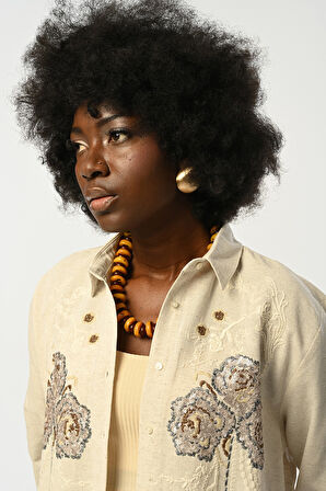 Pullu Nakışlı Oversıze Kesim Natur Renk Gömlek