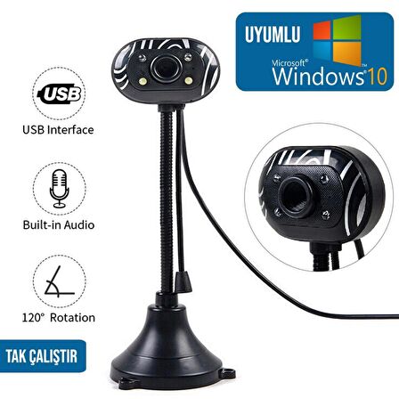 PC WEBCAM USB IŞIKLI MİKROFONLU TAK ÇALIŞTIR WIN10 UYUMLU HD EBA WEB