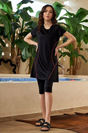 Yarı Kapalı Mayo Kısa Kollu Turuncu Çizgili R015 Siyah | L