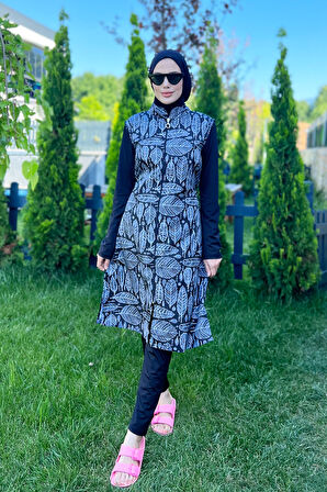 Tam Kapalı Tesettür Mayo Siyah Beyaz Yaprak MERVE | 5XL