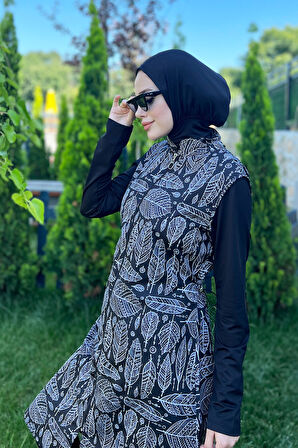 Tam Kapalı Tesettür Mayo Siyah Beyaz Yaprak MERVE | 5XL