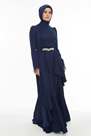 SETRMS LACİVERT Kolları Tüy Detaylı Kemeri Taşlı Abiye 2421003