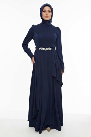SETRMS LACİVERT Kolları Tüy Detaylı Kemeri Taşlı Abiye 2421003