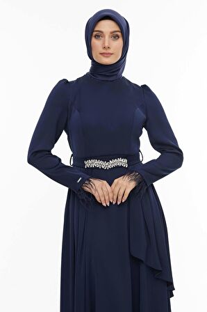 SETRMS LACİVERT Kolları Tüy Detaylı Kemeri Taşlı Abiye 2421003