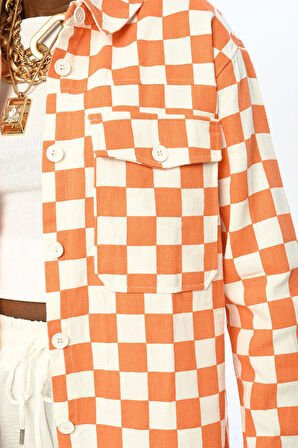 Dama Desenli Turuncu Pamuk Gabardin Gömlek Ceket