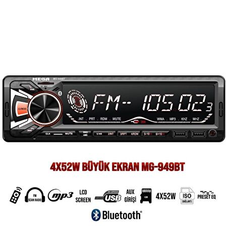 OTO TEYP 4X65W BT/2XUSB/SD/FM/AUX BÜYÜK EKRAN MEGA VM-949