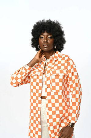 Dama Desenli Turuncu Pamuk Gabardin Gömlek Ceket