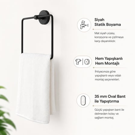 Lotus Siyah Kare Havluluk, Yapışkanlı ve Vidalı Montajlı Banyo Havlu Askısı, Mat Siyah Statik Boyama, 35 mm Oval Bantlı Duvar Havluluk, Metal