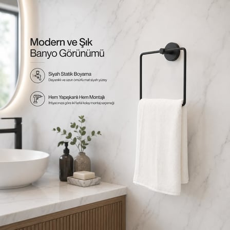Lotus Siyah Kare Havluluk, Yapışkanlı ve Vidalı Montajlı Banyo Havlu Askısı, Mat Siyah Statik Boyama, 35 mm Oval Bantlı Duvar Havluluk, Metal