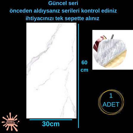 BS1751 60-30 Cm Beyaz Mermer Desen Yapışkanlı Duvar Döşemesi Shiny NWYP10