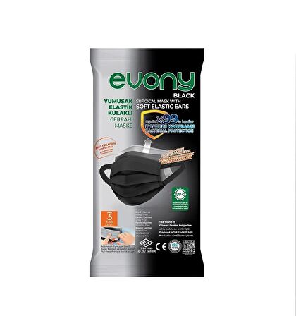 Evony Yumuşak Elastik Kulaklı Cerrahi Maske (3 Katlı)(17x95 mm)(10lu) (Siyah) (2 Paket)