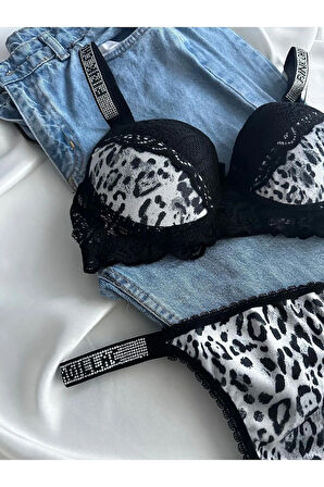 Kadın Leopar Dantelli Taşlı Balenli Destekli Dolgulu Push Up Sütyen Takımı Iç Çamaşırı Takımı