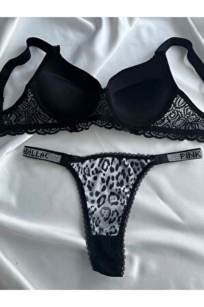 Kadın Leopar Dantelli Taşlı Balenli Destekli Dolgulu Push Up Sütyen Takımı Iç Çamaşırı Takımı