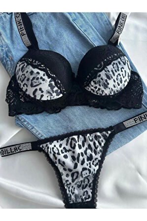 Kadın Leopar Dantelli Taşlı Balenli Destekli Dolgulu Push Up Sütyen Takımı Iç Çamaşırı Takımı