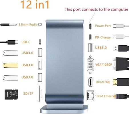 Type-C Support 4 K 12 In 1 Dock Model Pd Station Çoklayıcı Dönüştürücü Çevirici 12'si 1 Arada Dock, HDMI 4K, 100Mbps Ethernet, 3 x USB-A 3.0 ve 100W USB