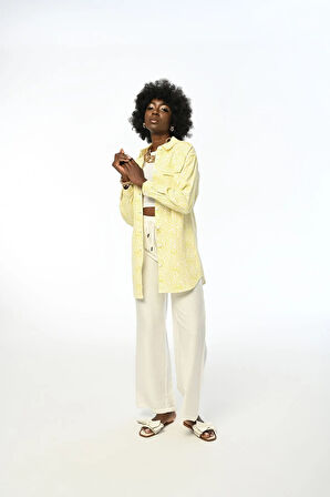 Benek Desenli Çift Cep Kapaklı Sarı Gabardin Gömlek Ceket