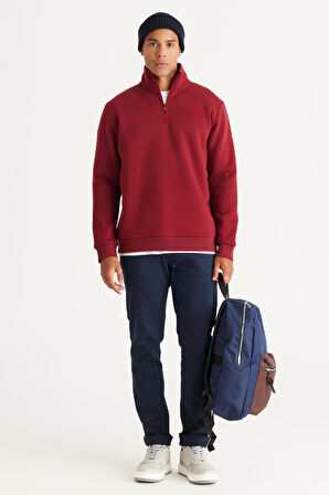 Erkek Bordo Standart Fit Normal Kesim Içi Polarlı Bato Yaka Pamuklu Sweatshirt