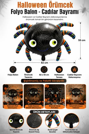 Halloween Folyo Balon Örümcek 82x55 cm Cadılar Bayramı Parti Süsü Temalı Dekorasyon Balonu