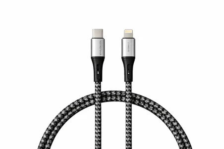 Wahoo Type C-Lightning ÖRGÜLÜ 27Watt PD Hızlı Şarj Kablosu, Siyah+Gri/Gümüş Metal (100 CM)
