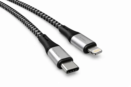 Wahoo Type C-Lightning ÖRGÜLÜ 27Watt PD Hızlı Şarj Kablosu, Siyah+Gri/Gümüş Metal (100 CM)