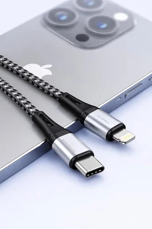 Wahoo Type C-Lightning ÖRGÜLÜ 27Watt PD Hızlı Şarj Kablosu, Siyah+Gri/Gümüş Metal (100 CM)