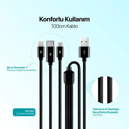 AlumiCable Trio Şarj Kablosu 1mt. Type-C, Lightning, Micro USB